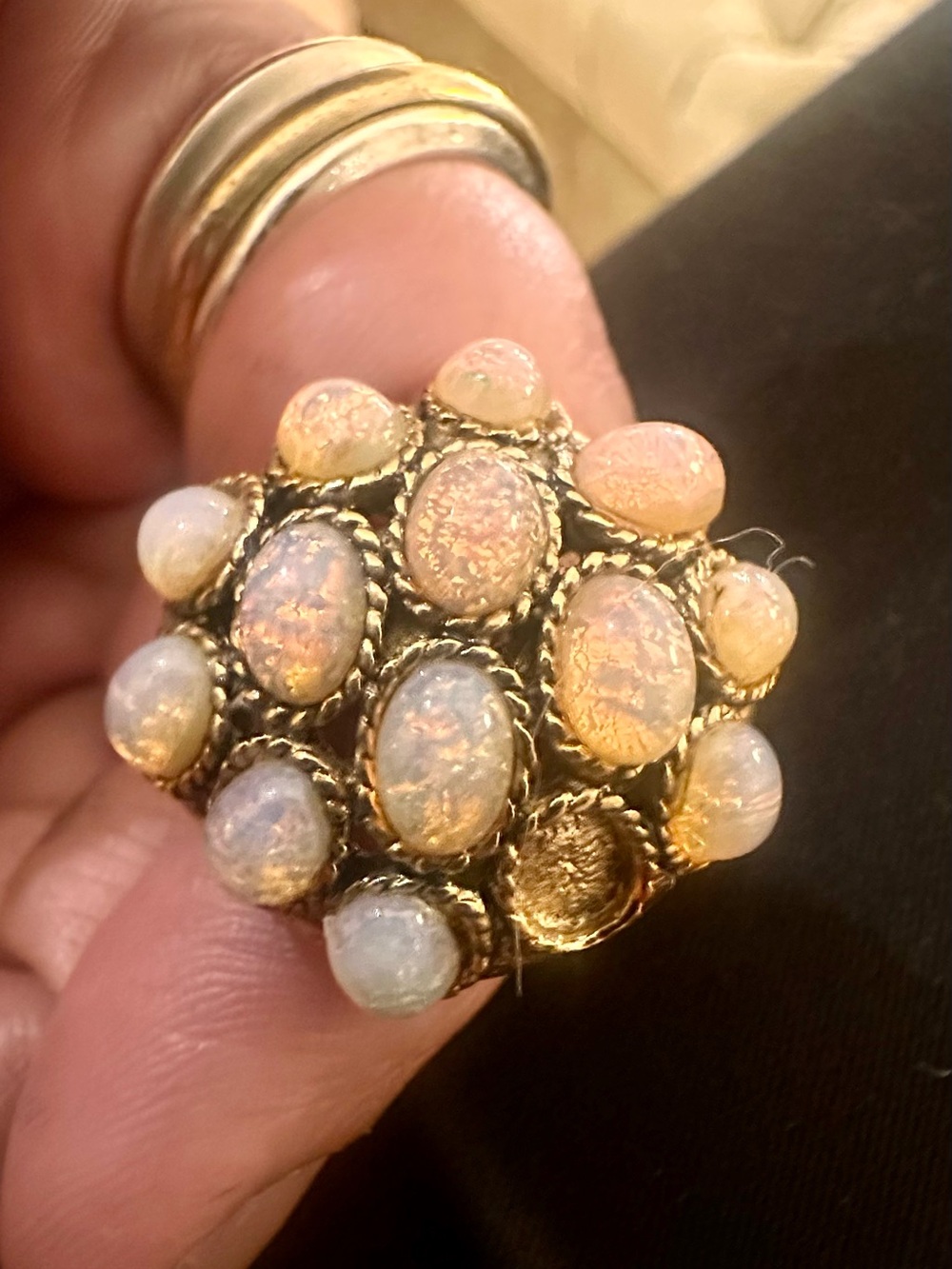 Gold-Tone Cluster Opal( faux)Cabochon Cocktail Ring, missing one cab- Women Jewe